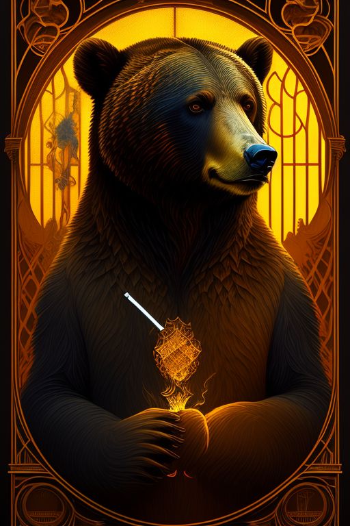 muddy-chough429: nouveau style portrait a grizzly bear smoking cigarette and drinking red wine