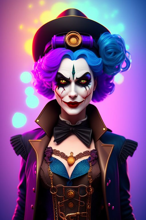 Steampunk female Joker, neutral facial expression, high detail 3d render, Unreal Engine, colored background, glow effects , Brightly lit, quirky, cartoonish, Whimsical, Digital painting, art by zolloc, trending on instagram, Flat design, popping colors.
