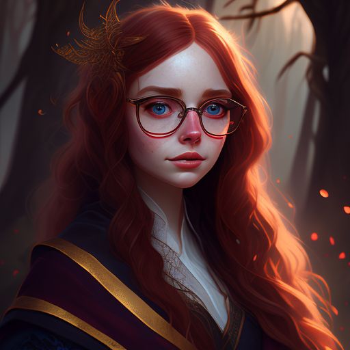 quirky-dove76: portrait cute female, magician robe dark, gold glasses ...