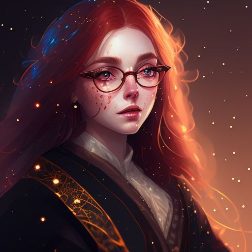 quirky-dove76: portrait cute female, magician robe dark, gold glasses ...