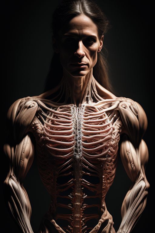 piercing-jay882: female human body chest down with translucent skin,  visible muscles and veins and arteries and bones and nerves,  photorealistic, chiaroscuro, by David Cronenberg, Raphael