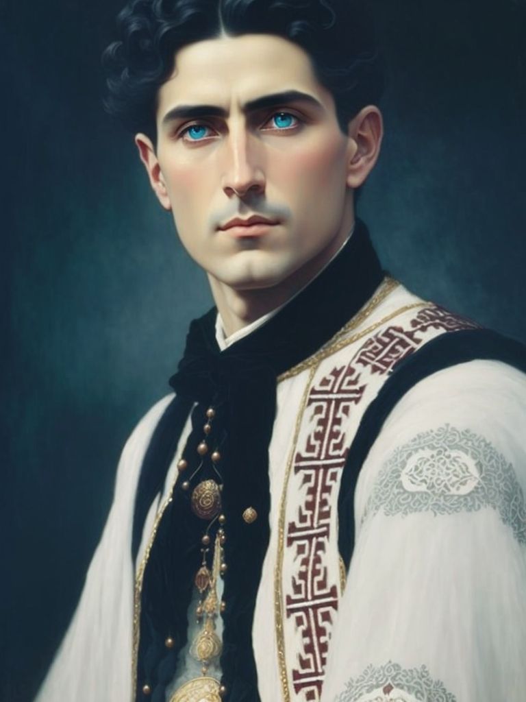 Corneliu Zelea Codreanu, painted in the artistic style of john william waterhouse, painted in the artistic style of william adolphe bouguereau, painted in the artistic style of alfons mucha, painted in the artistic style of gustav klimt, oil painting style, watercolor style, italian renaissance painting influence, painted in the artistic style of sandro botticelli, proportionate shoulders, proportionate neck, proportionate body, calm eyes, soulful eyes, peaceful eyes, reflective eyes, matching scleras, matching pupils, matching irises, white scleras, white wool clothing texture, black leather clothing texture, red velvet clothing texture, emerald green silk clothing texture, background influenced by the artistic style of ivan aivazovsky, background influenced by the artistic style of caspar david friedrich, very fine black charcoal lining, smoothly painted white chalk contouring, smoothly painted black charcoal shading, face accurate to reference image, clean shaven, smooth shaven, no facial hair, no words, no text, no signature, no watermark. , Oil painting texture, Oil painting, Oil on canvas, Blended oil painting, Richly colored, Black wool clothing texture, Intricately detailed black wool clothing texture, Emerald green velvet clothing texture, Intricately detailed emerald green velvet clothing texture, White lace clothing texture, Intricately detailed white lace clothing texture, Cool undertones, Cold shadows, Cold color palette, Fine black charcoal lines, Charcoal sketched shaders, Proportionate neck, Proportionate shoulders, Matching scleras, Matching pupils, Matching irises, Navy blue background color, Cobalt background color, Navy hues, Cobalt hues, Lavender hues, Elden ring inspired background, In the style of elden ring, In the style of dark souls, Dark souls inspired background, Smooth shaven, No facial hair, Serious mouth, Serious face, Serious eyebrows, Serious expression, Mournful expression, Sad expression, Sad eyes, In the style of studio ghibli, Studio ghibli like background, Gustave dore style, Takato yamamoto style, Soulful eyes, Mystical, Mysticism, Saintly, Saintlike, Sainthood, Godlike, God light, God rays, Heroic, Tragic hero, Noble soul, Noble facial expression, Influenced by Caravaggio, Caravaggio-like painting style, Not anime, Realistically colored, Realistic textures, Proportional to reference image, Danube blue eyes, Sea blue eyes, Parted hair, Wavy hair texture, No piercings, No words, No text or letters, Realistically shaded, Softly shaded, Soft smooth lighting, Soft shadows, Black background, Black background color, Dark background, Dark breathtaking background, Gothic background, Matte black canvas background, Night sky background