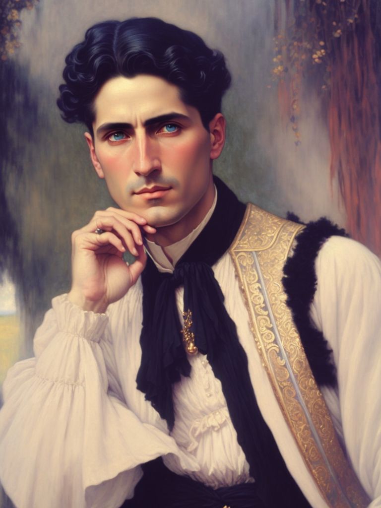 Corneliu Zelea Codreanu, painted in the artistic style of john william waterhouse, painted in the artistic style of william adolphe bouguereau, painted in the artistic style of alfons mucha, painted in the artistic style of gustav klimt, oil painting style, watercolor style, italian renaissance painting influence, painted in the artistic style of sandro botticelli, proportionate shoulders, proportionate neck, proportionate body, calm eyes, soulful eyes, peaceful eyes, reflective eyes, matching scleras, matching pupils, matching irises, white scleras, white wool clothing texture, black leather clothing texture, red velvet clothing texture, emerald green silk clothing texture, background influenced by the artistic style of ivan aivazovsky, background influenced by the artistic style of caspar david friedrich, very fine black charcoal lining, smoothly painted white chalk contouring, smoothly painted black charcoal shading, face accurate to reference image, clean shaven, smooth shaven, no facial hair, no words, no text, no signature, no watermark. , Oil painting texture, Oil painting, Oil on canvas, Blended oil painting, Richly colored, Black wool clothing texture, Intricately detailed black wool clothing texture, Emerald green velvet clothing texture, Intricately detailed emerald green velvet clothing texture, White lace clothing texture, Intricately detailed white lace clothing texture, Cool undertones, Cold shadows, Cold color palette, Fine black charcoal lines, Charcoal sketched shaders, Proportionate neck, Proportionate shoulders, Matching scleras, Matching pupils, Matching irises, Navy blue background color, Cobalt background color, Navy hues, Cobalt hues, Lavender hues, Elden ring inspired background, In the style of elden ring, In the style of dark souls, Dark souls inspired background, Smooth shaven, No facial hair, Serious mouth, Serious face, Serious eyebrows, Serious expression, Mournful expression, Sad expression, Sad eyes, In the style of studio ghibli, Studio ghibli like background, Gustave dore style, Takato yamamoto style, Soulful eyes, Mystical, Mysticism, Saintly, Saintlike, Sainthood, Godlike, God light, God rays, Heroic, Tragic hero, Noble soul, Noble facial expression, Influenced by Caravaggio, Caravaggio-like painting style, Not anime, Realistically colored, Realistic textures, Proportional to reference image, Danube blue eyes, Sea blue eyes, Parted hair, Wavy hair texture, No piercings, No words, No text or letters, Realistically shaded, Softly shaded, Soft smooth lighting, Soft shadows, Black background, Black background color, Dark background, Dark breathtaking background, Gothic background, Matte black canvas background, Night sky background