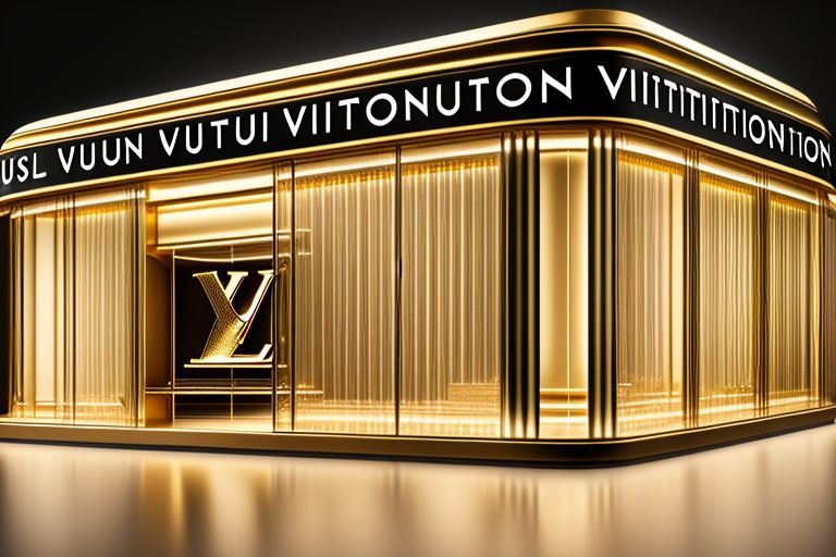 basic-otter455: luxurious Retails reflecting Louis Vuitton,brand style in  Gold., realistic,4k,fogg, vray render, parametric