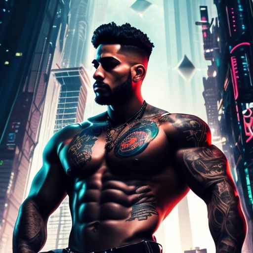 PixelPleasure: A hot human man, black_angel_wings, six pack muscles, tattoo on shoulder, looking down, low angle photography, cyberpunk style, cyber futuristic city in background