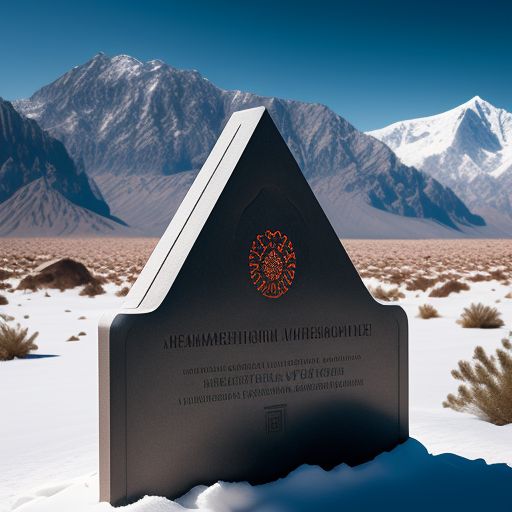 commemoration tombstone with Japanese writing in the middle of the desert at noon at the foot of a snow-capped mountain, surrounded by snow-capped mountains, extremely detailed and intricate, Trending on Artstation, art by greg rutkowski and magali villeneuve, stark contrast, Sharp focus, exquisite lighting.