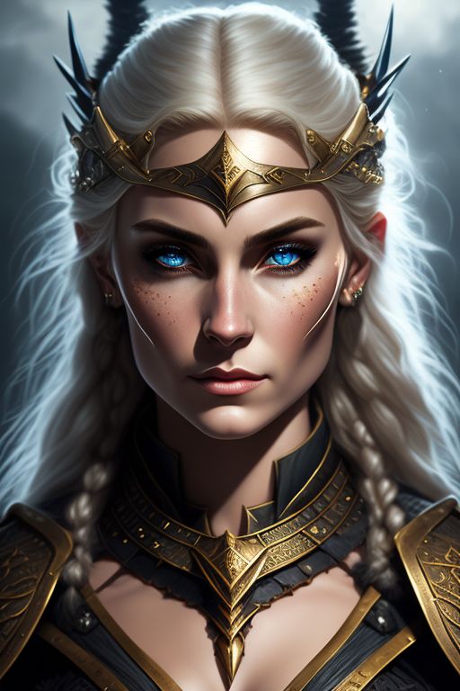 D&D portrait of, A fearless female warrior of the dark elves tribe with glacial eyes and golden hair

, fantasy d&d style, Rim lighting, perfect line quality, high pretty realistic quality oil painting, art by norman rockwell, Centered, dark outlines, perfect white balance, color grading, 16K, Dynamic pose, Sharp, Sharp edges