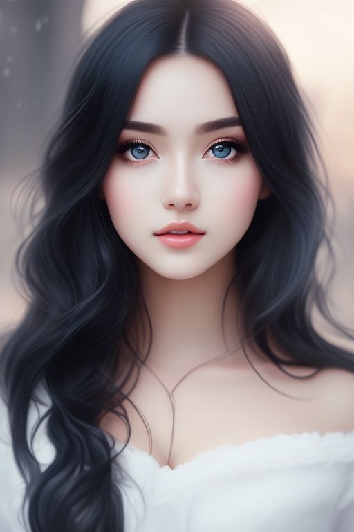 edible-pig164: pretty anime style girl, black hair, blue eyes, city them  background, casual female clothing, digital painting