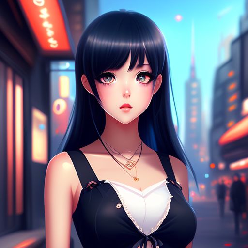 edible-pig164: pretty anime style girl, black hair, blue eyes, city them  background, casual female clothing, digital painting