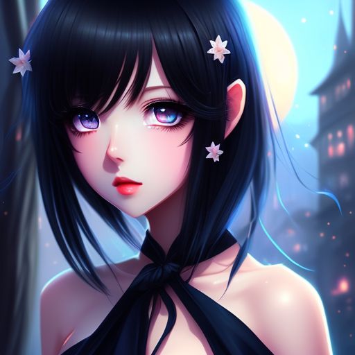 edible-pig164: pretty anime style girl, black hair, blue eyes, city them  background, casual female clothing, digital painting