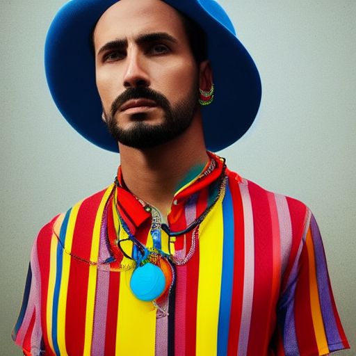 man with blue and red stripes across his shirt with a yellow sonic necklace and short mustache in a kids drawing style, Detailed, Colorful, Vibrant, contrasting, pop art style, Sharp focus, Digital painting, Artstation, illustration by jason seiler, challenging expression.