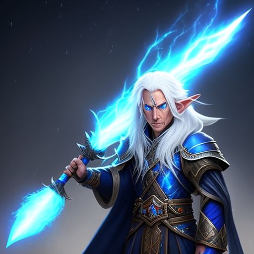 Old good elf wizard, long, white hair, and piercing blue eyes. lightning staff on one hand, Ugly