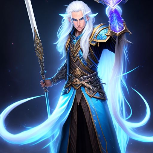 Old good elf wizard, long, white hair, and piercing blue eyes. lightning staff on one hand, Ugly