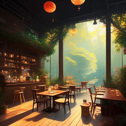 even-ibex577: Concept art of a Japanese cafe hidden in a serene lush forest
