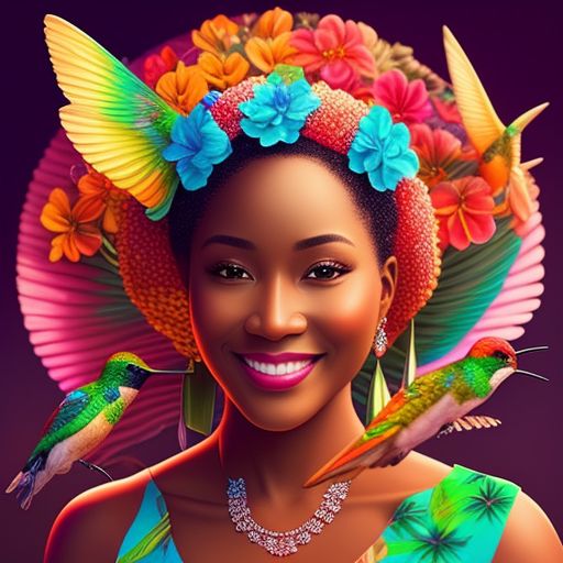 sweet as sugar cane, hummingbirds, and a smiling woman, inspired by the caribbean culture, Highly detailed, Warm lighting, smooth textures, art by camille chew and lisa morales and paola sánchez and kristina webb, trending on instagram and pinterest.