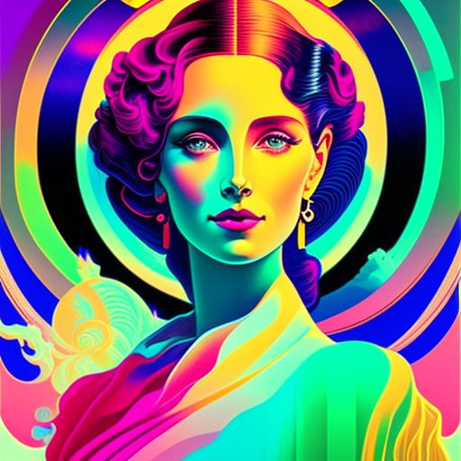 Synthwave colors, Neon, Vintage, Illustration, Surrealism, an abstract liquid art deco poster of cosmic girl by Alfons Mucha, Minimal and clean, Dark pastels, Maria Sibylla Merian, Rob Gonsalves, René Magritte, Flat color background, Silk screen, Vintage wallpaper