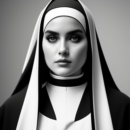 Catholic, nun, saint, voluptuous, ((beautiful)), (((perfect face))), nun habit, symmetry, black and white, minimalism, high contrast, artstation, sharp focus, eerie, unsettling, Black and white, High contrast, Minimalist, Symmetrical, Sharp focus, Eerie, Unsettling, Digital art, Artstation, trending, by loish and artgerm.