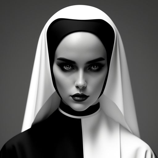 Catholic, nun, voluptuous, seductive, nun habit, symmetry, black and white, minimalism, high contrast, artstation, sharp focus, eerie, unsettling, Black and white, High contrast, Minimalist, Symmetrical, Sharp focus, Eerie, Unsettling, Digital art, Artstation, trending, by loish and artgerm.