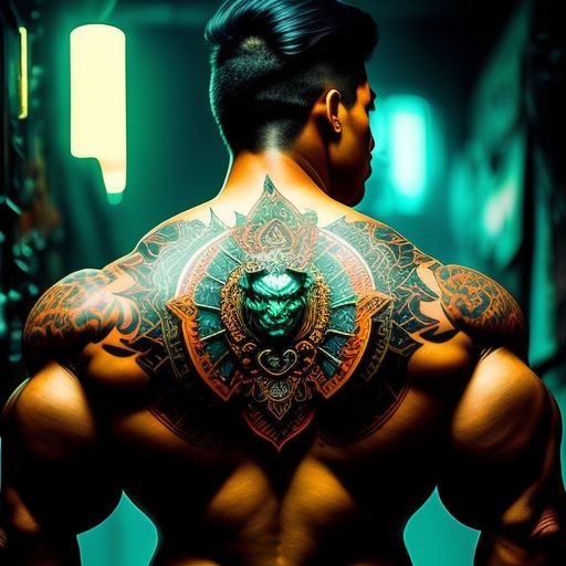 glossy-loris261: The hulk with thai style tattoo posing back double biceps like body builder