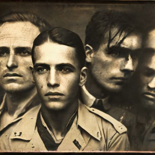 Daguerreotype, whole plate format, aged scratches look, grain and noise, gritty noire, Portrait, 1935, WW2, soldiers in front of the gate, by platon, Retro, Unsplash, award winning photography
