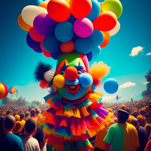 clown piñata, Bright colors, Fun, Cartoonish, Playful, Whimsical, Low angle, Detailed, Matte, Illustration, by chippy and rk post and clint cearley
