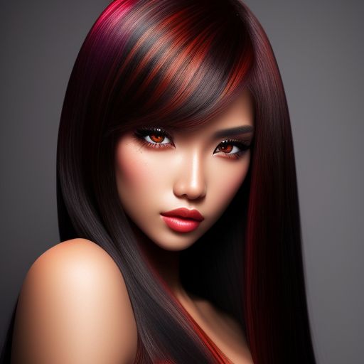 Woman portrait with long black to red ombre hair, from behind on