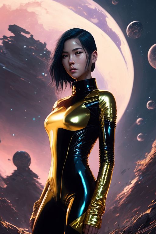 wet-mongoose300: An awesome beautiful girl with an ultra-shiny narrow latex  black-gold astronaut suit, green short hair, and white eyes. many flowers  blossom from inside lying down in the debris, looking at the