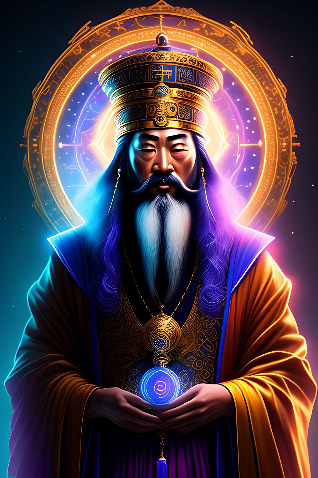 Chinese fortune teller, Confucius, mystical, magic, light skin color, robe in gold details, long beard
 

, Detailed, Intricate, scientific, mathematical, Digital art, blue and purple lighting, Futuristic, by artificial intelligence, trending on artstation.