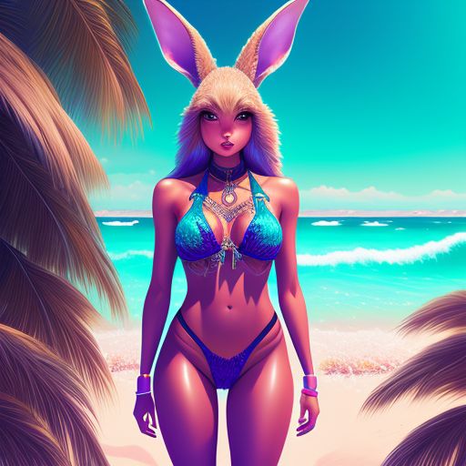 13TonynoT31: Full front picture from head to feet of a Half human half  rabbit female brown fur in a neon purple bikini on a beach