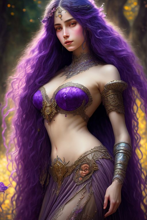 Dark elf woman, mature, long wavy Purple hair, arcane jinx, bayonet, art nouveau, alphonse mucha, gustav klimt, rpg, faerie tale, Venus of Urbino, Photography, powerfull colors, Modern, Fantasy concept art, 32k resolution, best quality, Masterpiece, Natural light, Insanely detailed, 8k resolution, Fantasy art, Detailed painting, Hyper Realism, Photorealistic, by carguilar, beautiful detailed intricate, Insanely detailed, natural skin, soft impressionist perfect composition, award-winning photograph, Kids story book style, Muted colors, Watercolor style
