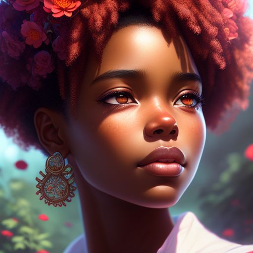 Rhevion: closeup face portrait of a black girl wearing crown of flowers