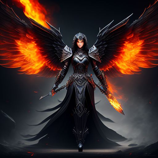 High detail, Fully armored dark angel with black wings on fire