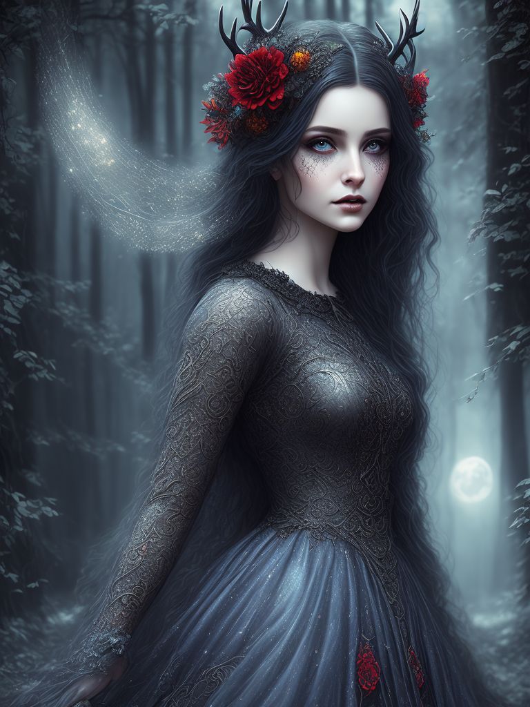 portrait women, ornate, intricate details, beautiful witch, gothic style, hyper-realistic fantasy art, digital illustration, colorful , beautiful dark angel, bat, Blue eyes, red flowing dress made of soft material, moonlight, particle, Bokeh, Soft, Fantasy, dramatic, Glitter, Pond, deer, soft feel, Soft skin, Realistic skin, realistic face, wlop's art style, deep forest, a damp, old forest atmosphere.