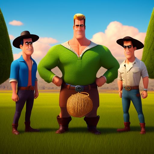 fancy-frog504: Four men on a farm. The first man is shaped like an