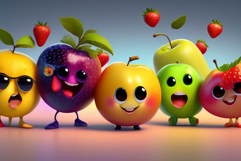 standing centered, Pixar style, 3d style, disney style, 8k, Beautiful, cute characters with big eyes of banana, apple, grape, strawberry, and lemon, together in a colorful environment, happy and dancing