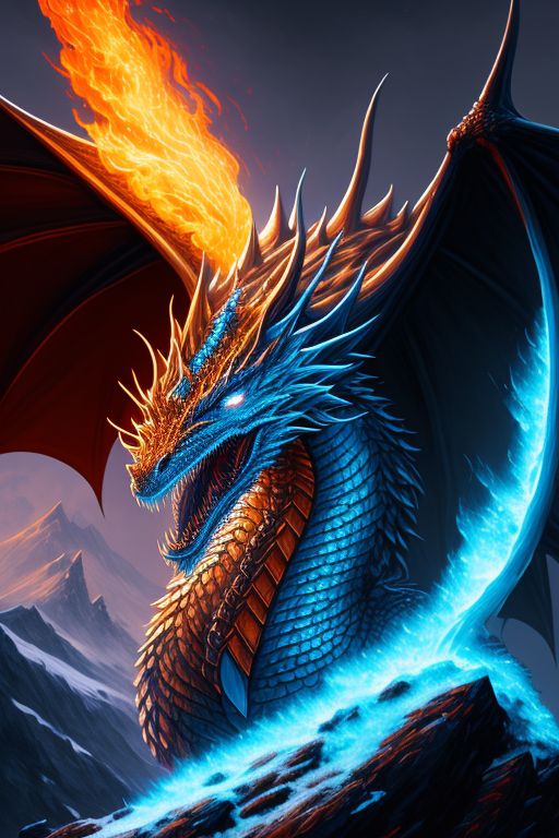 Paicermo: A Dragon Breathing Fire At An Ice Wizard, With The Flames And 