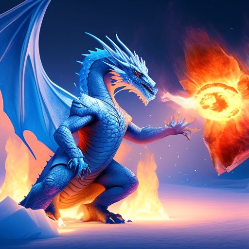 a dragon breathing fire at an ice wizard, with the flames and ice colliding in the middle of the scene