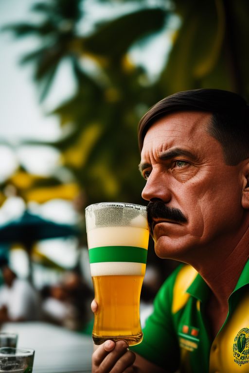an image of Adolf Hitler with a shirt from Brazil
 having a beer in a green and yellow bar with coconut trees on the beachfront in rio de janeiro, Cinematic, Photography, Sharp, Hasselblad, Dramatic Lighting, Depth of field, Medium shot, Soft color palette, 80mm, Incredibly high detailed, Lightroom gallery