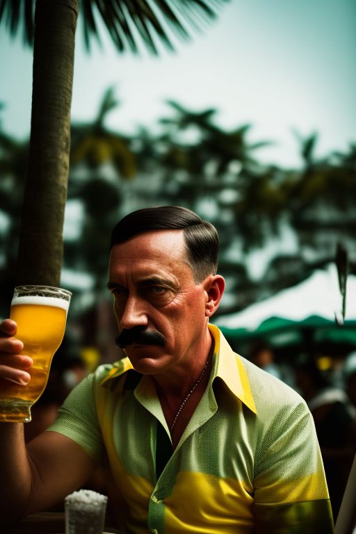 an image of Adolf Hitler with a shirt from Brazil
 having a beer in a green and yellow bar with coconut trees on the beachfront in rio de janeiro, Cinematic, Photography, Sharp, Hasselblad, Dramatic Lighting, Depth of field, Medium shot, Soft color palette, 80mm, Incredibly high detailed, Lightroom gallery