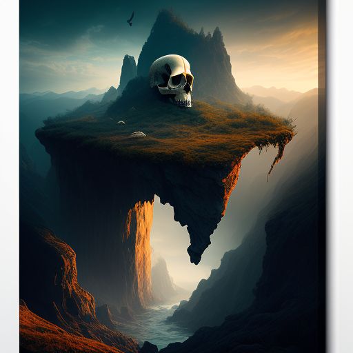 a man cliff hanging on a skull shape cliff in a mysterious atmosperic scene