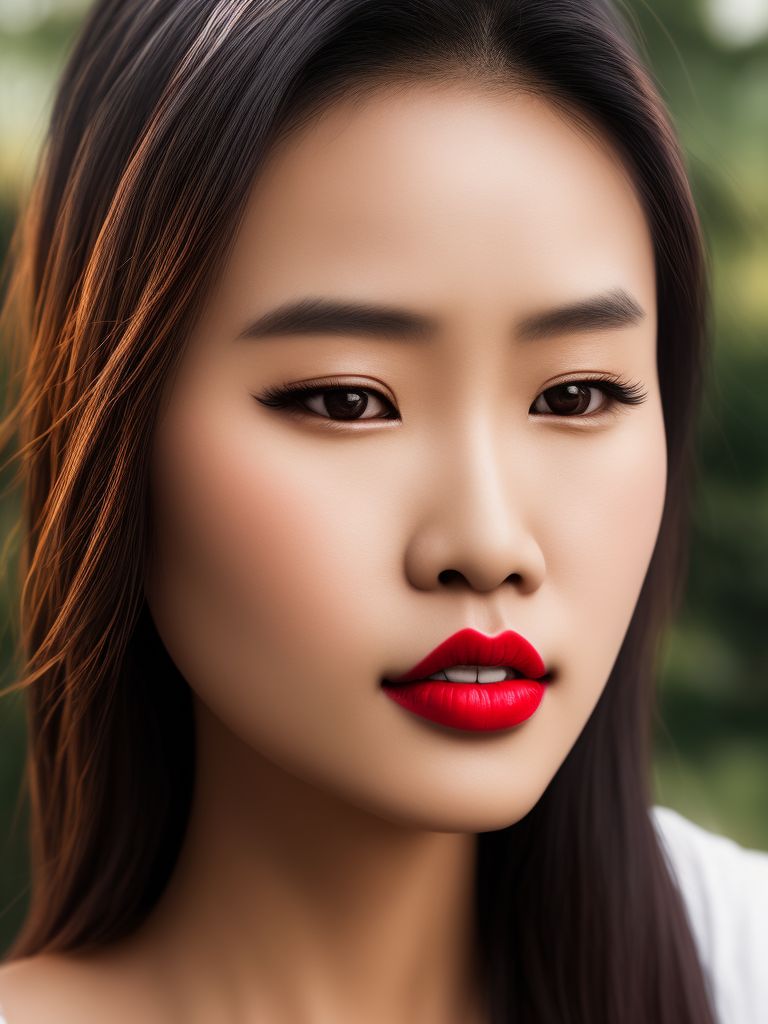 drab-hare366: Asian woman, white skin, big eyes, prominent nose, red lips,  oval face, long hair gathered in the middle of the head. sitting happily in  the park