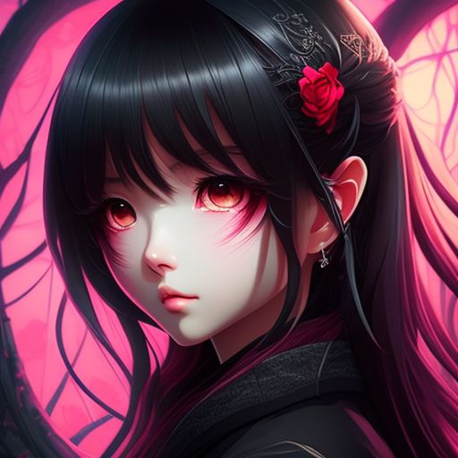 pink anime girl with black hair and eyes