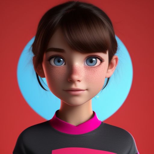 standing centered, Pixar style, 3d style, disney style, 8k, Beautiful, A short teenage girl, she has shoulder-length brown hair. She is wearing a red shirt and black leggings along with grey and pink sneakers. She has bright blue eyes and freckles all over her face.