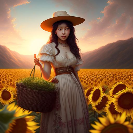 anime girl wearing straw hat holding a sunflower