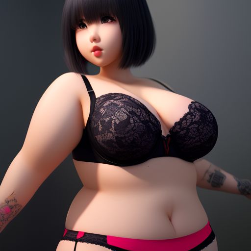 punctual-owl959: Fat anime girl, fat women, full body, tattoo on legs,  beautiful girl, short hair, full body, smooth skin, beautiful face,  bootyshorts, bra, see through bra, large female chest, belly showing,  barefoot