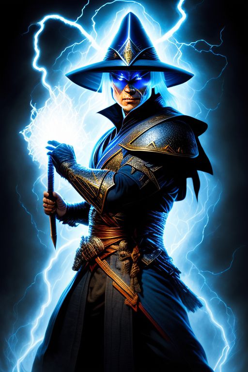 D&D portrait of, Raiden from mortal kombat as a storm wizard large basket hat glowing white eyes, fantasy d&d style, Rim lighting, perfect line quality, art by norman rockwell, Centered, dark outlines, perfect white balance, color grading, 16K, Dynamic pose, Sharp, Sharp edges, Larry Elmore