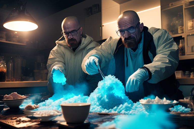 Breaking Bad style, Walter White, cooking meth with Goku, anime style. Goku in his Super Saiyan form looks on in horror as Walter White prepares a tray of blue crystals. Walter White laughs maniacally as he stirs the tray with his spoon. This is a dramatic scene., Cinematic, Photography, Sharp, Hasselblad, Dramatic Lighting, Depth of field, Medium shot, Soft color palette, 80mm, Incredibly high detailed, Lightroom gallery