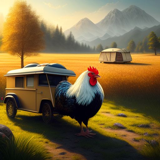 rowdytrout752 Rooster with a camper on its back. highly realistic
