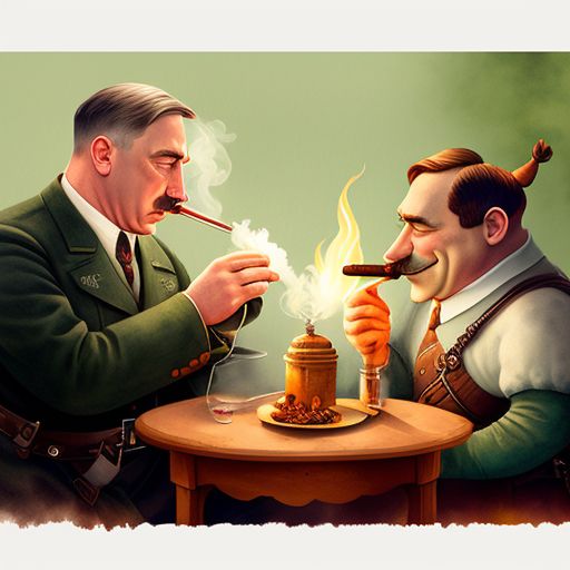 Delicate watercolor illustration, Adolf Hitler and Shrek smoking weed together by the fireplace, Warm color palette, Pastel colors, White background, Cozy