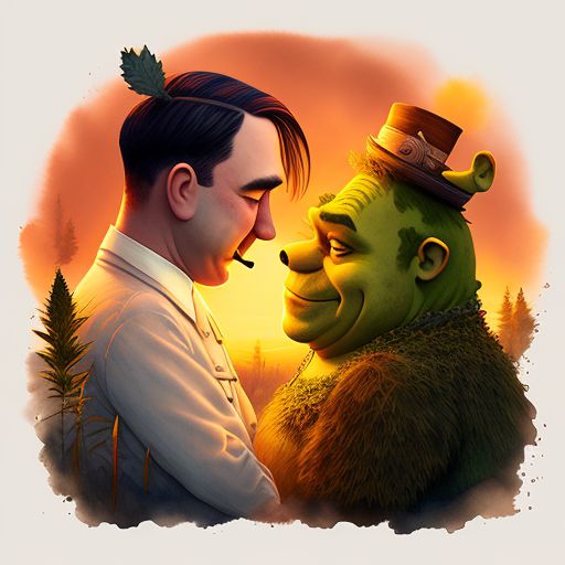 Delicate watercolor illustration, Adolf Hitler and Shrek smoking marijuana together in a swamp watching the sunset, Warm color palette, Pastel colors, White background, Cozy
